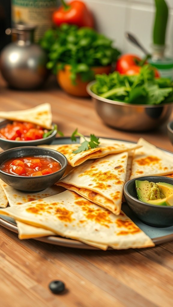 A plate of cheese quesadillas served with salsa and avocado.