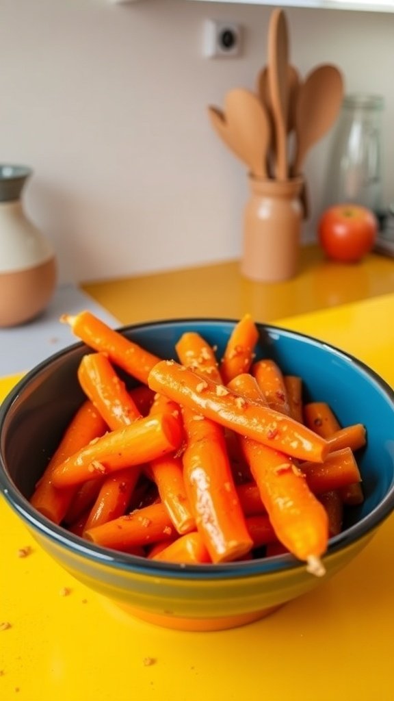 A bowl of sweet and spicy honey carrots with chili flakes, garnished and ready to serve.