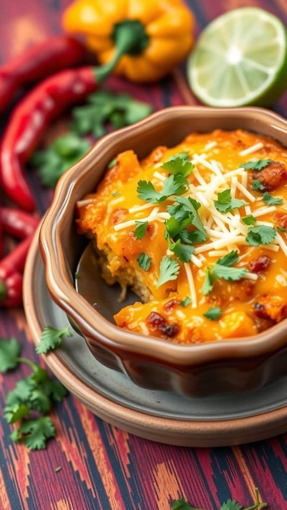 A delicious Mexican-style squash casserole topped with cheese and cilantro, surrounded by fresh vegetables.