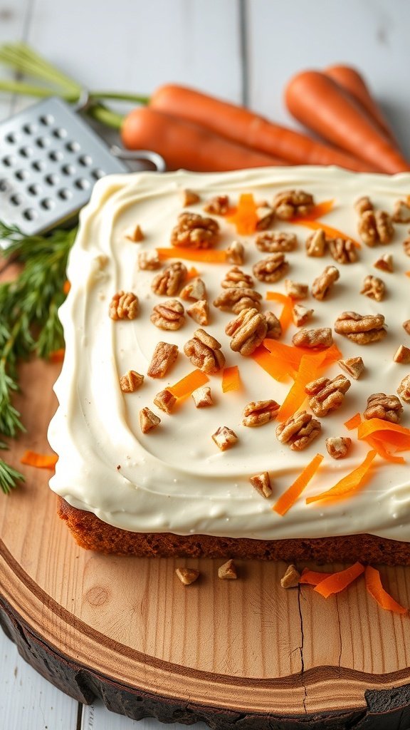 A delicious carrot cake sheet cake topped with cream cheese frosting, pecans, and carrot shavings, displayed on a wooden board.