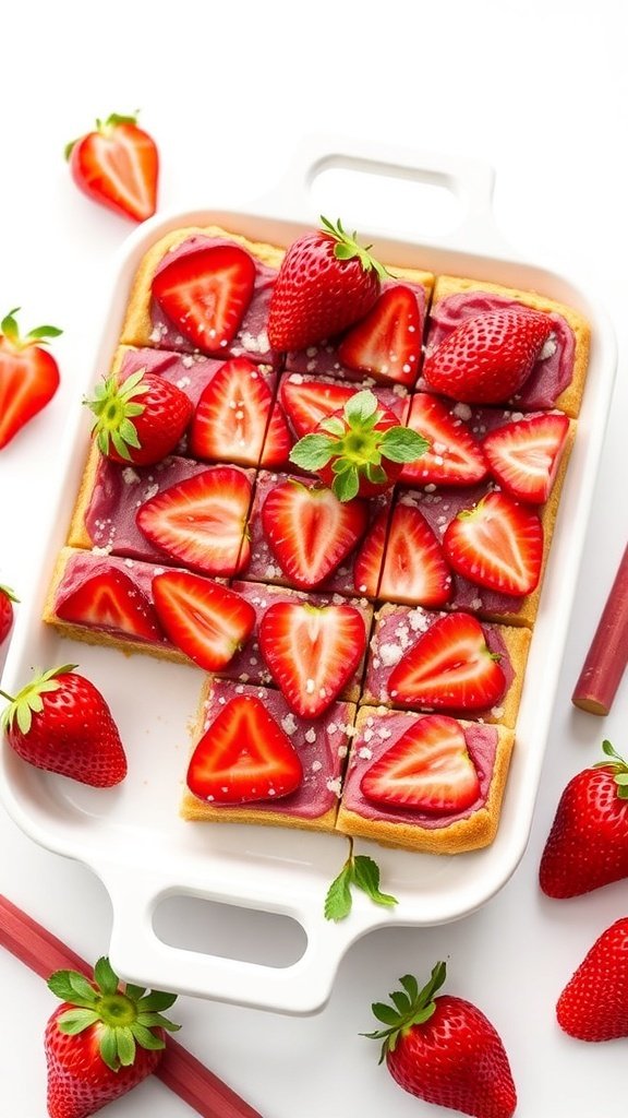 A tray of strawberry rhubarb bars topped with fresh strawberries, surrounded by whole strawberries and rhubarb stalks.