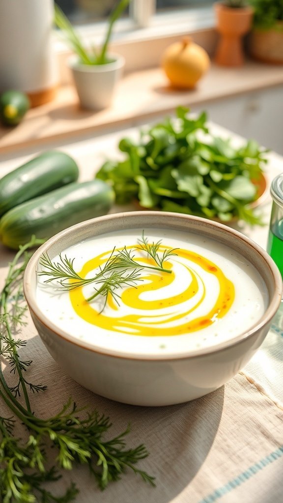 A bowl of creamy cucumber soup garnished with dill and olive oil, surrounded by fresh vegetables.