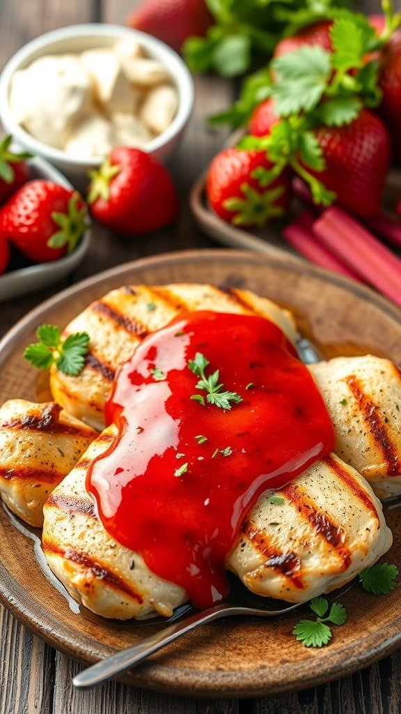 A plate of grilled chicken topped with savory strawberry rhubarb sauce, garnished with fresh strawberries and herbs.