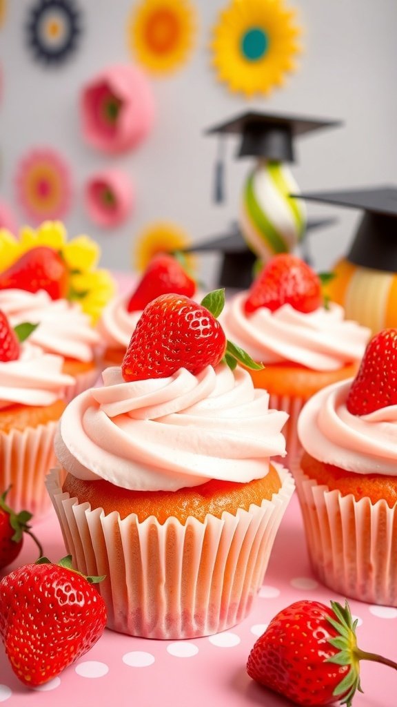 Delicious strawberry graduation cupcakes with pink frosting and fresh strawberries on top, decorated with mini graduation caps.