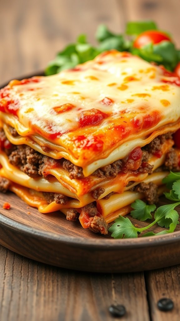 A delicious slice of classic beef lasagna with layers of pasta, ground beef, and cheese.