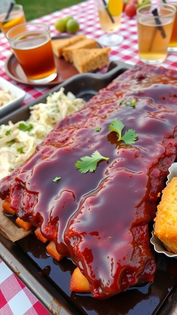 A platter of BBQ ribs with a glossy sauce, served with coleslaw and cornbread, set on a picnic table.