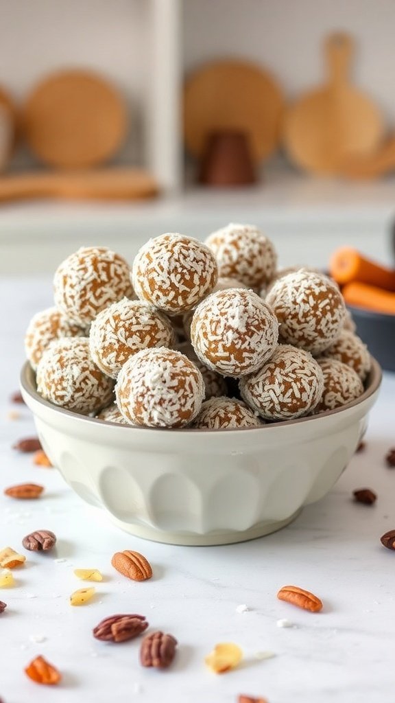 A bowl of carrot cake energy bites coated in shredded coconut, surrounded by nuts and dried fruits.