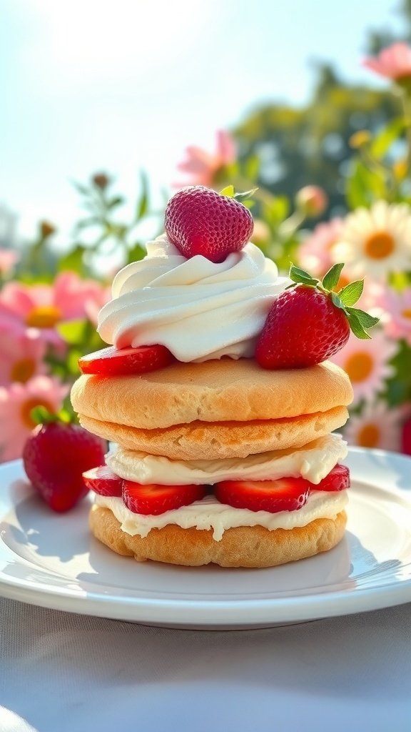 A delicious strawberry shortcake with fresh strawberries and whipped cream, perfect for summer birthdays.