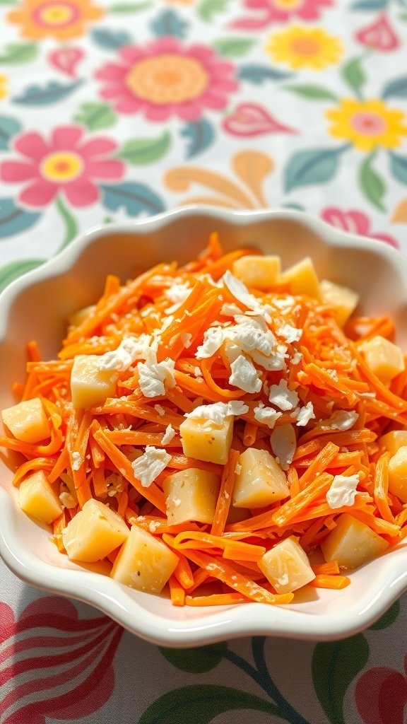 A colorful carrot and pineapple salad served in a white bowl with a floral background.