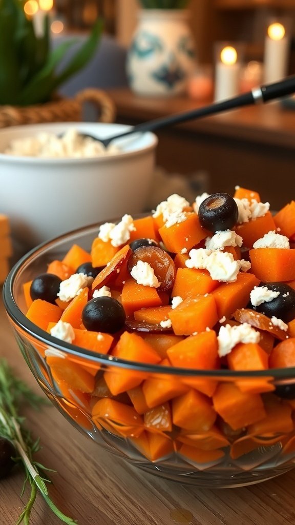 A bowl of carrot raisin salad with feta and olives, garnished with herbs.