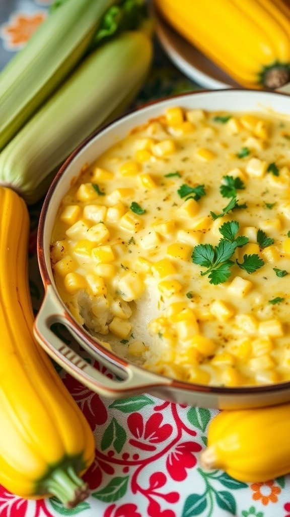 A creamy squash and corn casserole with fresh herbs, surrounded by fresh summer squash.