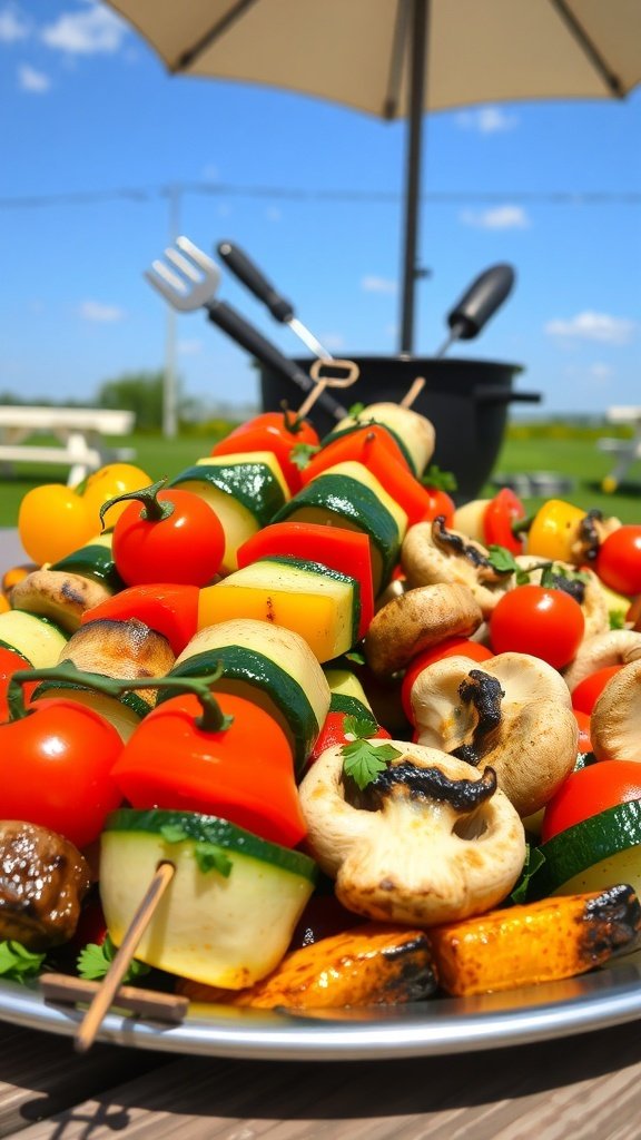 A vibrant platter of grilled vegetable skewers featuring bell peppers, zucchini, cherry tomatoes, and mushrooms, ready for outdoor gatherings.