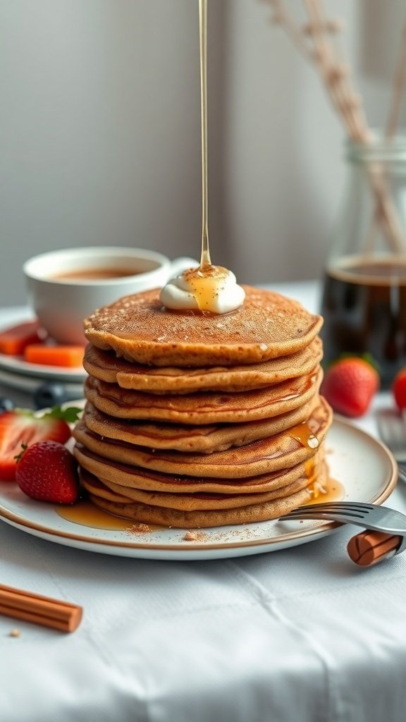 A stack of vegan carrot cake pancakes topped with syrup and strawberries