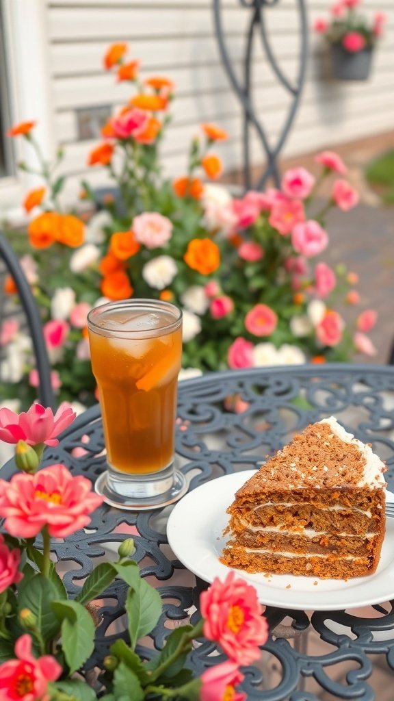 A slice of carrot cake on a plate next to a glass of iced tea, surrounded by colorful flowers.