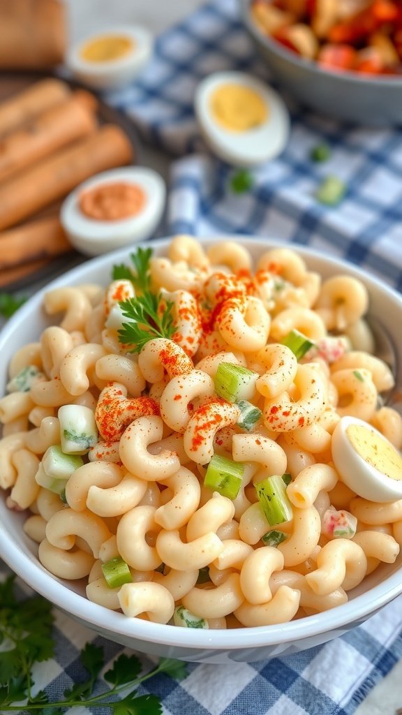 A bowl of classic Southern macaroni salad with creamy dressing, garnished with paprika and parsley.