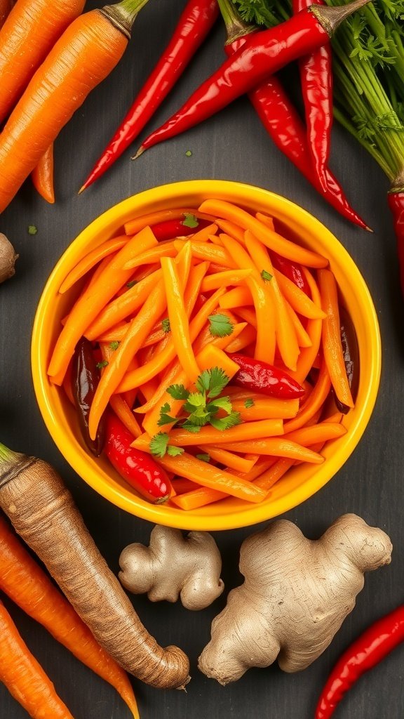 A vibrant sweet and spicy carrot salad with ginger and chili in a yellow bowl, surrounded by fresh carrots and red chilies.