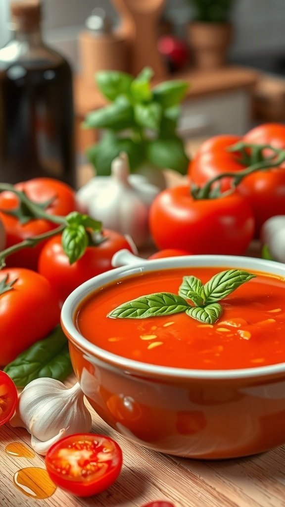 A bowl of tomato basil soup surrounded by fresh tomatoes and garlic.