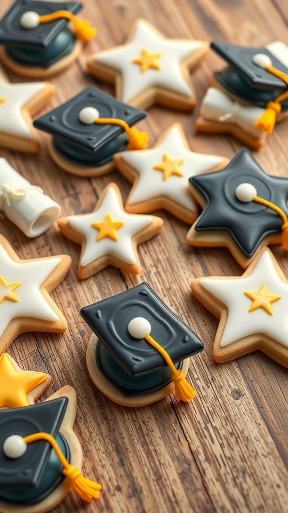 Colorful graduation cookies shaped like caps and stars decorated with royal icing.