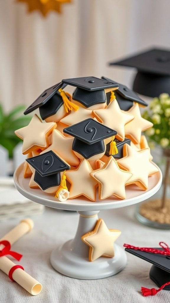 Decorative graduation cookies shaped like stars and caps on a cake stand