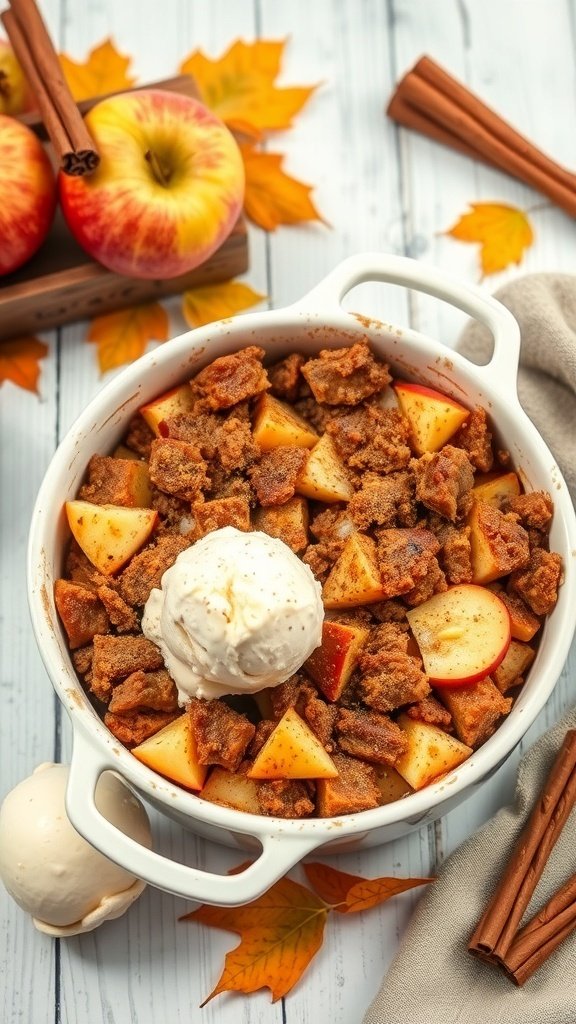 A delicious apple cinnamon dump cake topped with ice cream, surrounded by apples and cinnamon sticks.