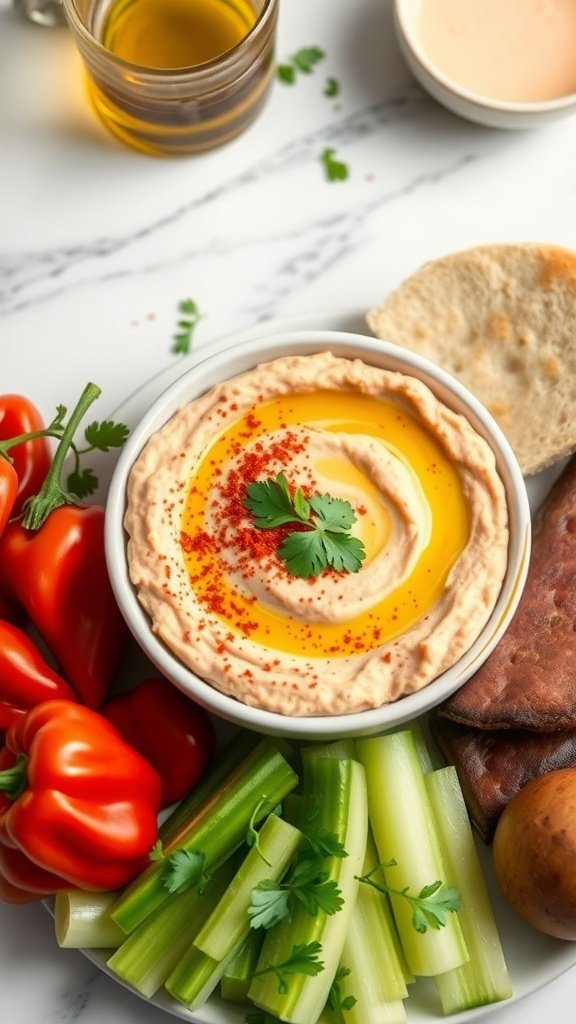 A bowl of roasted red pepper hummus surrounded by fresh vegetables and pita bread.