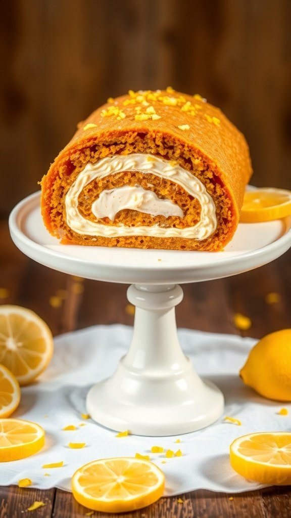 A delicious lemon zest carrot cake roll with citrus cream filling, garnished with lemon slices and zest.