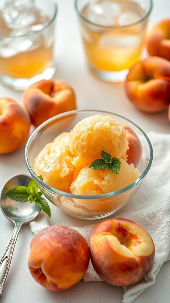 A bowl of peach sorbet with fresh peaches and mint leaves, surrounded by glasses of iced drinks.