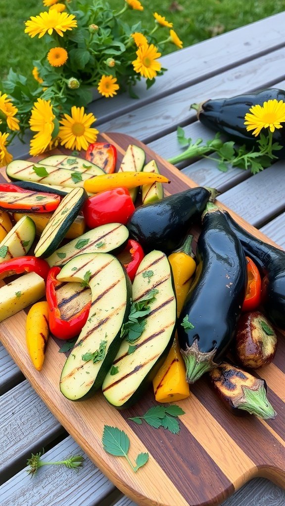 Grilled vegetable platter with zucchini, bell peppers, and eggplant on a wooden board.