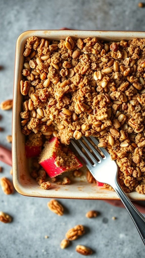 A close-up of a rhubarb crisp with a nutty crust, showing a fork ready to serve.