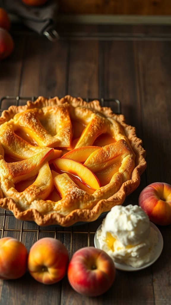 A warm peach pie with a golden crust, sliced peaches on top, and a scoop of vanilla ice cream on the side.