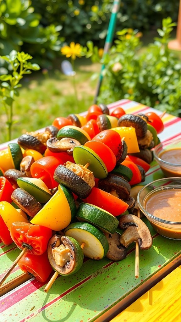 Colorful veggie kebabs on skewers ready for grilling, featuring bell peppers, zucchini, mushrooms, and cherry tomatoes.