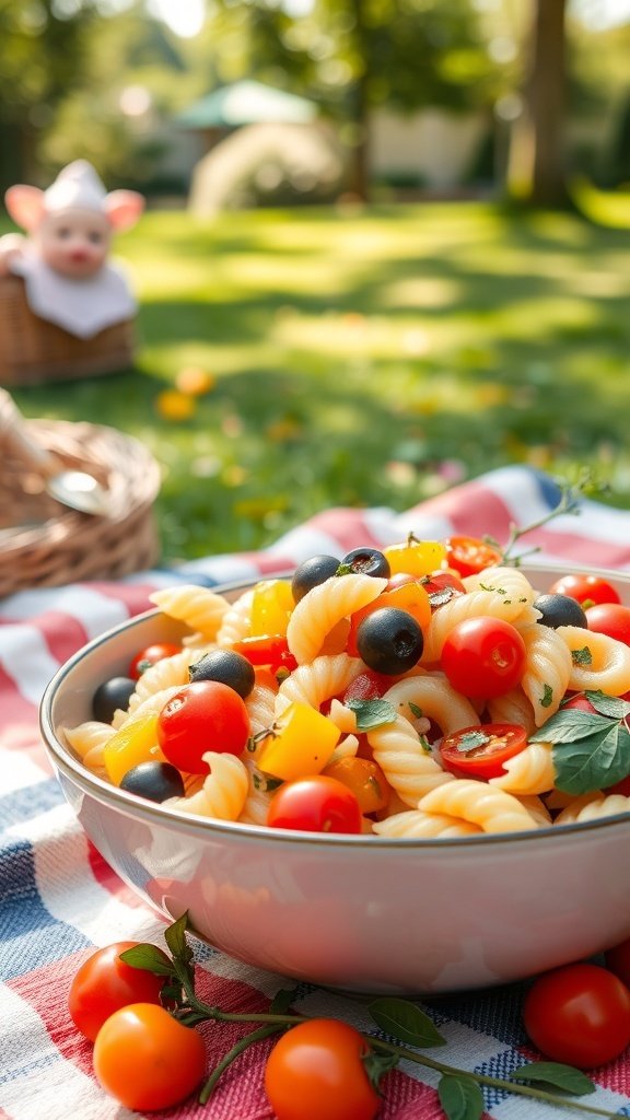 A colorful pasta salad with cherry tomatoes, bell peppers, and olives in a bowl, set on a picnic blanket.