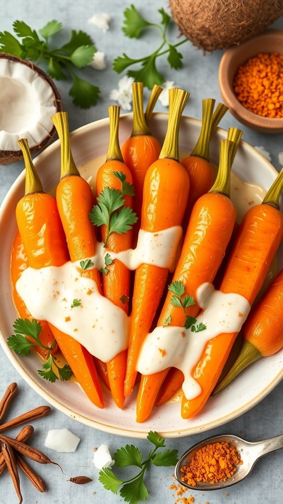 A plate of steamed carrots drizzled with coconut curry sauce, garnished with cilantro.