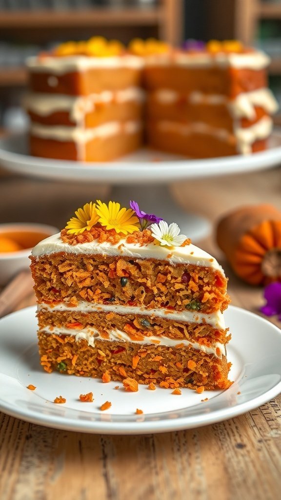 A slice of moist vegan gluten-free carrot cake topped with colorful flowers, showcasing layers of grated carrots and cream cheese frosting.
