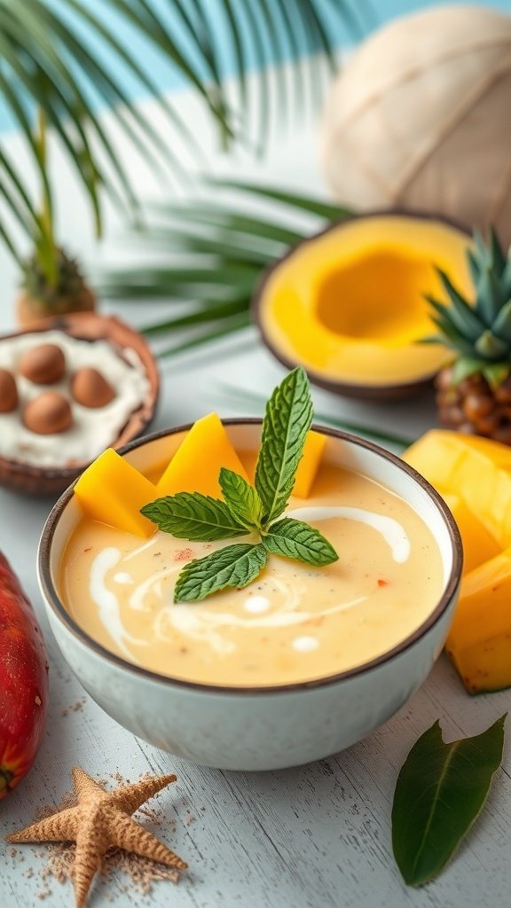 A bowl of creamy coconut and mango soup garnished with mango slices and mint leaves, surrounded by tropical elements.