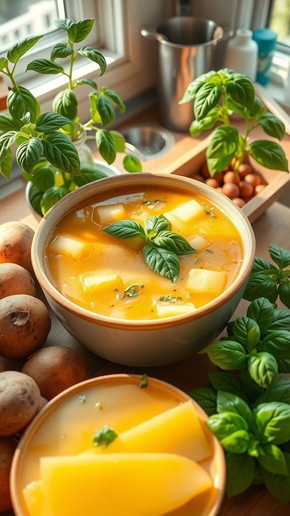A bowl of savory basil and potato soup surrounded by fresh basil and potatoes.