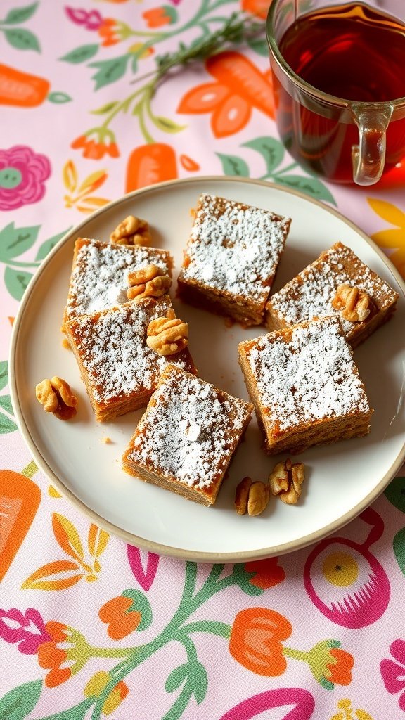 Low-calorie carrot cake bars on a plate with walnuts and powdered sugar