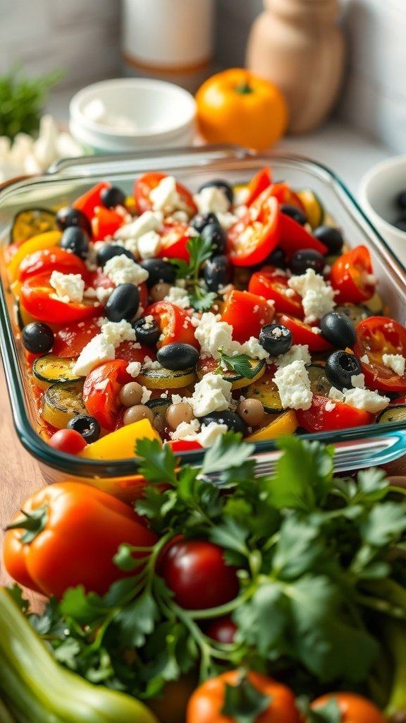A colorful Mediterranean zucchini and squash bake with tomatoes, olives, and feta cheese.