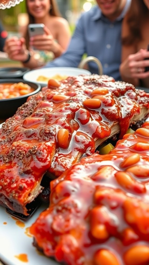 Delicious sweet and tangy BBQ ribs served at a summer BBQ gathering.