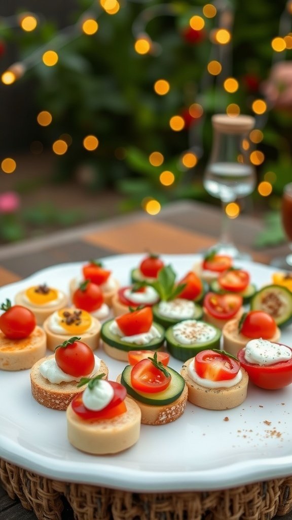 A platter of colorful appetizers featuring small rounds of bread topped with tomatoes, cucumbers, and creamy spreads.
