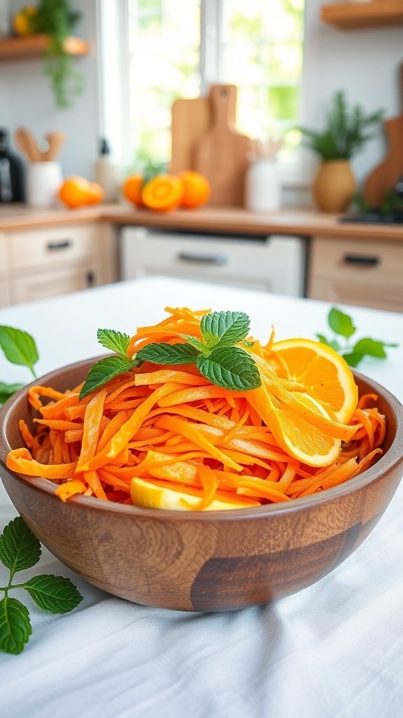 A bowl of shredded carrot salad topped with orange slices and mint leaves, set in a bright kitchen.
