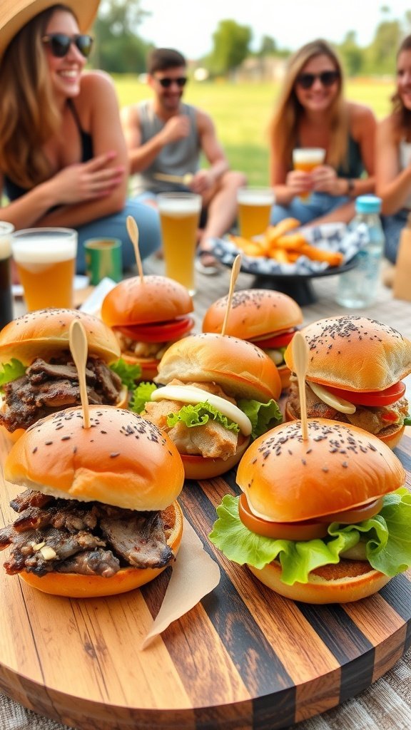 A platter of unique sliders with various toppings, surrounded by friends enjoying drinks.
