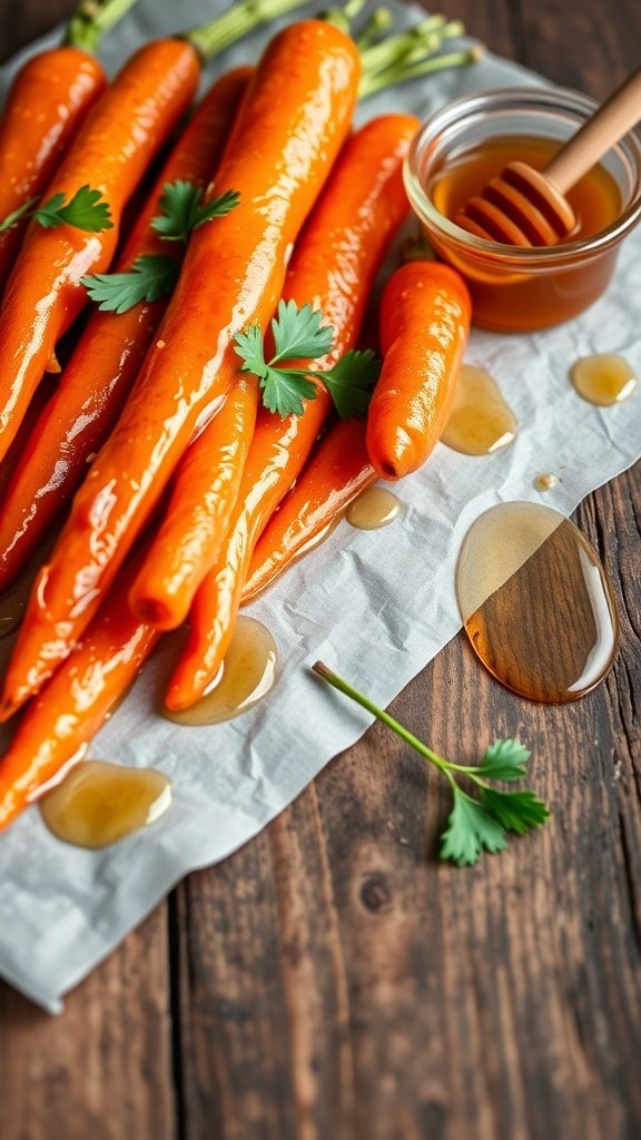 A bunch of honey roasted carrots with a jar of honey and a wooden spoon
