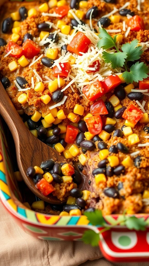 A colorful Zesty Southwest Black Bean and Corn Casserole topped with cheese, black beans, corn, and diced tomatoes.