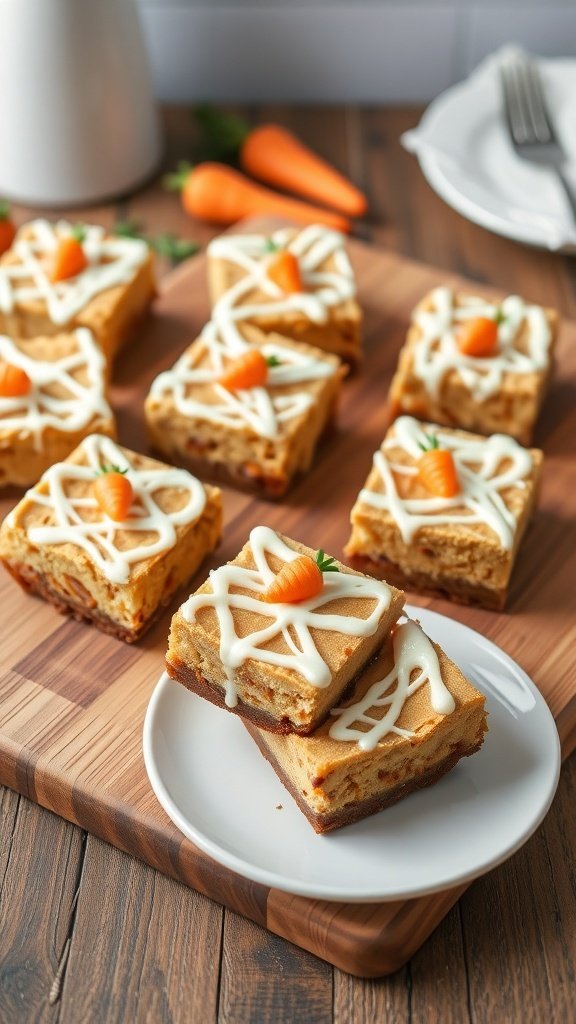 Delicious carrot cake cheesecake bars topped with cream cheese frosting and mini carrot decorations on a wooden serving board.