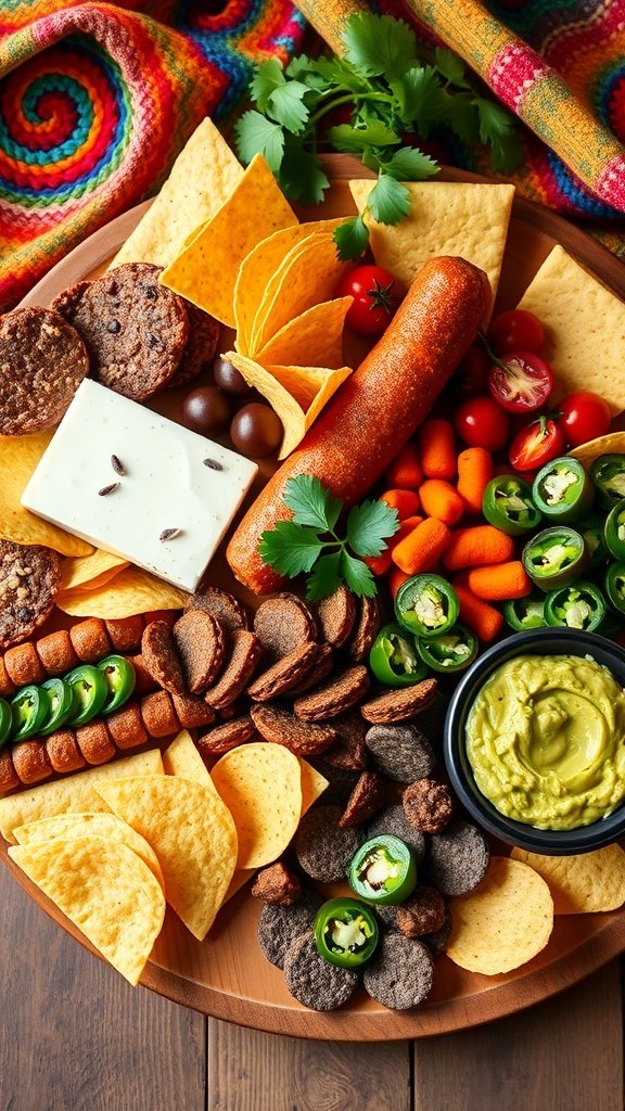 A colorful Spicy Southwest Flavor Board featuring tortilla chips, jalapeños, guacamole, smoked sausage, cheese, cherry tomatoes, baby carrots, and chocolate snacks.