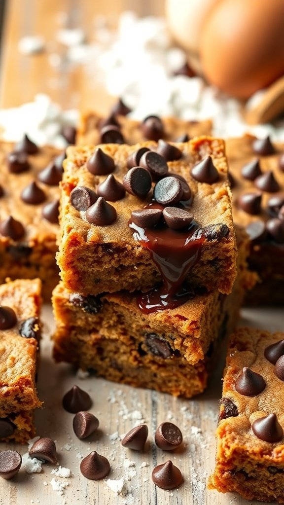 Chocolate chip carrot cake bars stacked with chocolate chips scattered around.