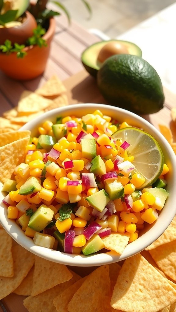 A bowl of corn and avocado salsa surrounded by tortilla chips
