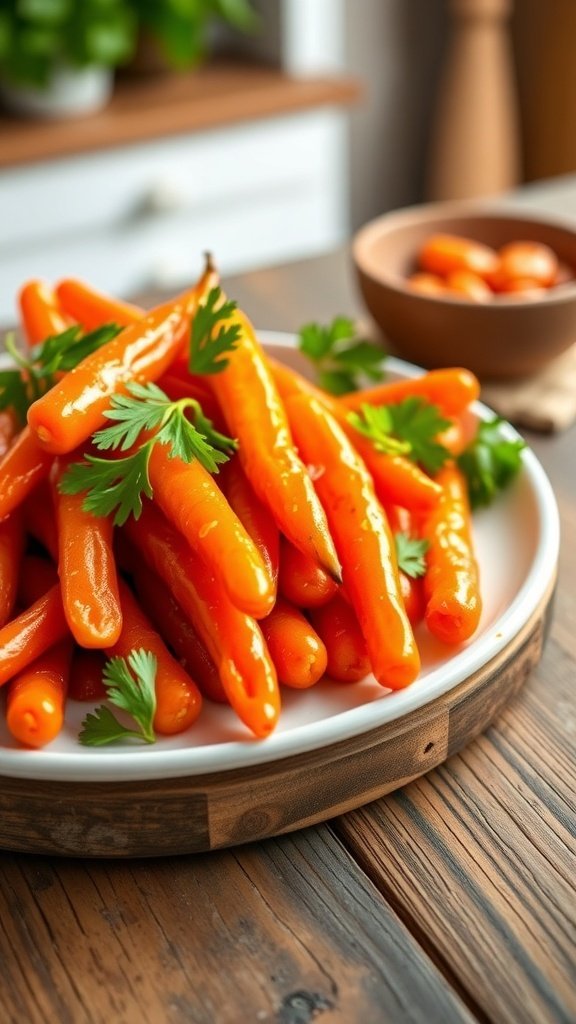A plate of honey glazed carrots garnished with fresh herbs, showcasing their vibrant color.