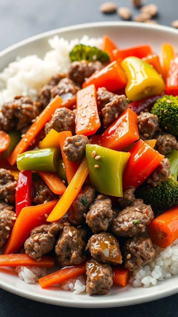A colorful plate of beef and vegetable stir-fry served over rice.